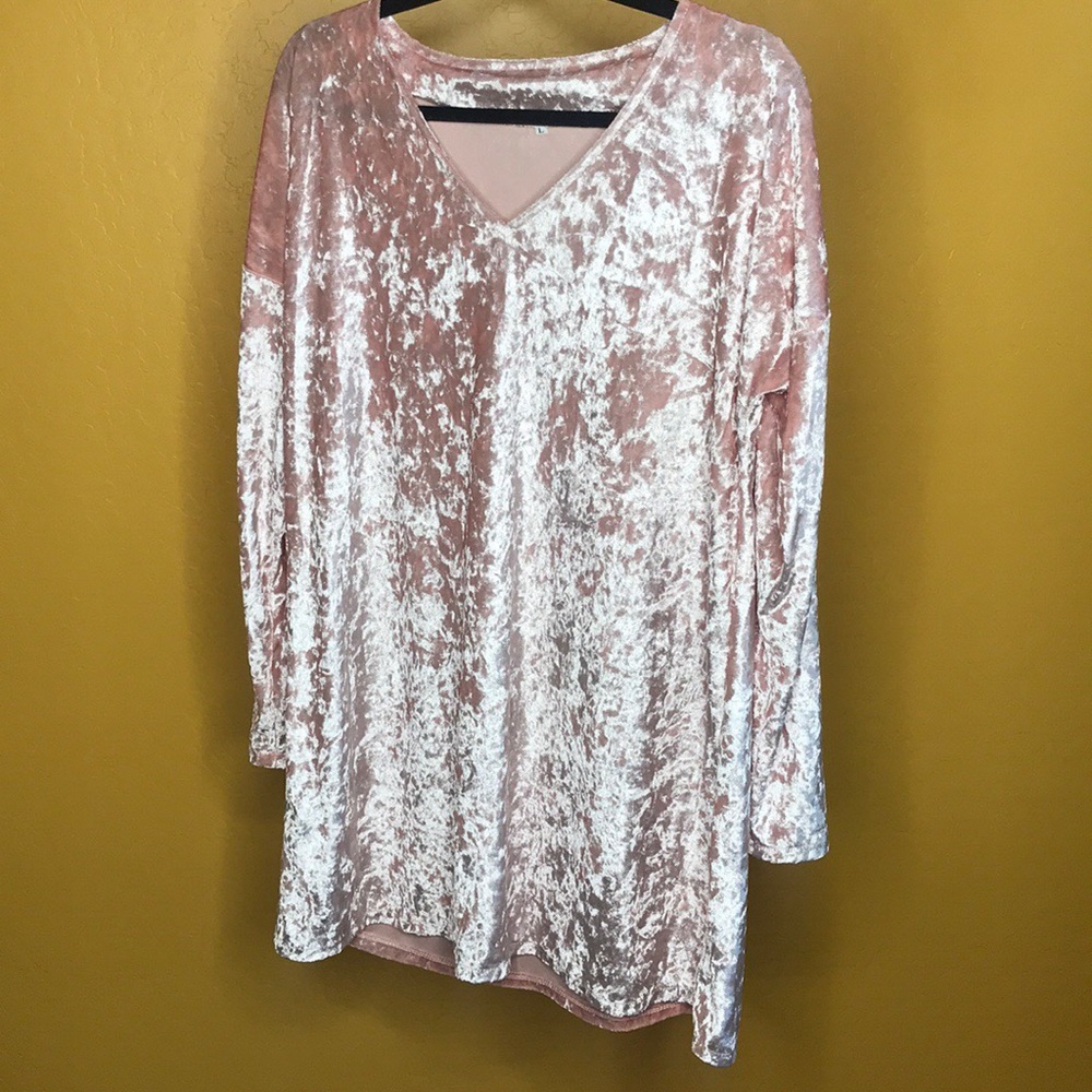 💕Crushed Velvet Light Pink Long Sleeve Dress